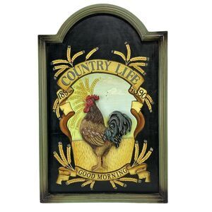 Vtg‎ Large Wood Rooster Chicken Picture Plaque w Raised Resin Rooster 26.5x17"